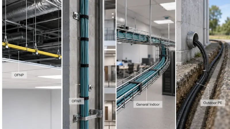 Fiber optic cable jacket fire ratings for plenum, riser, indoor, and outdoor installations Fiber optic cable jacket fire ratings for plenum, riser, indoor, and outdoor installations