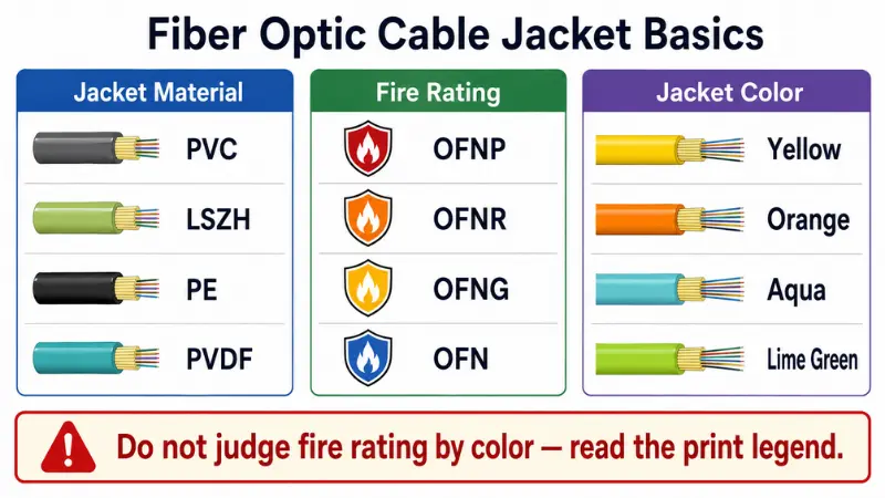 Jacket material fire rating and jacket color are different factors in fiber optic cable selection Jacket material fire rating and jacket color are different factors in fiber optic cable selection