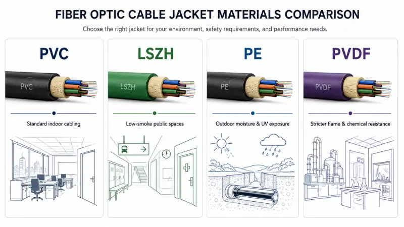 Comparison of PVC LSZH PE and PVDF fiber optic cable jacket materials Comparison of PVC LSZH PE and PVDF fiber optic cable jacket materials