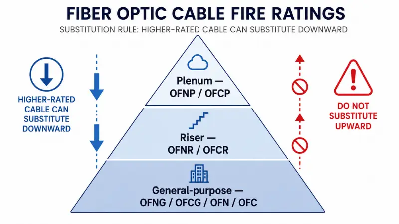 Fiber optic cable fire rating hierarchy showing plenum above riser above general-purpose Fiber optic cable fire rating hierarchy showing plenum above riser above general-purpose