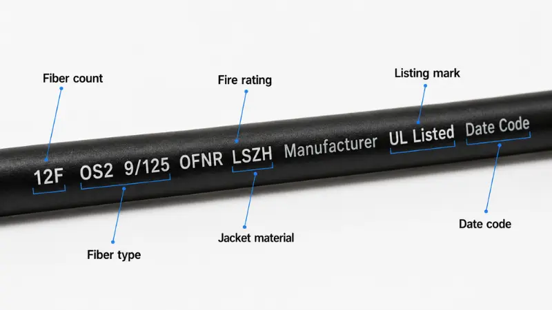 Close-up of fiber optic cable jacket marking showing fiber count type fire rating LSZH and listing information Close-up of fiber optic cable jacket marking showing fiber count type fire rating LSZH and listing information