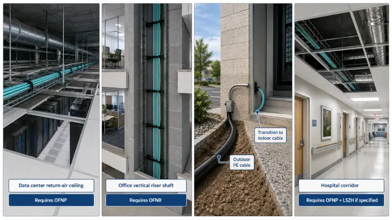 Four examples of fiber optic cable rating selection for plenum riser outdoor transition and hospital ceiling Four examples of fiber optic cable rating selection for plenum riser outdoor transition and hospital ceiling