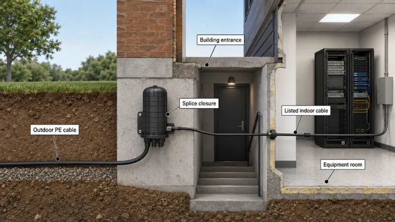 Outdoor PE fiber cable entering a building and transitioning to listed indoor fiber cable Outdoor PE fiber cable entering a building and transitioning to listed indoor fiber cable